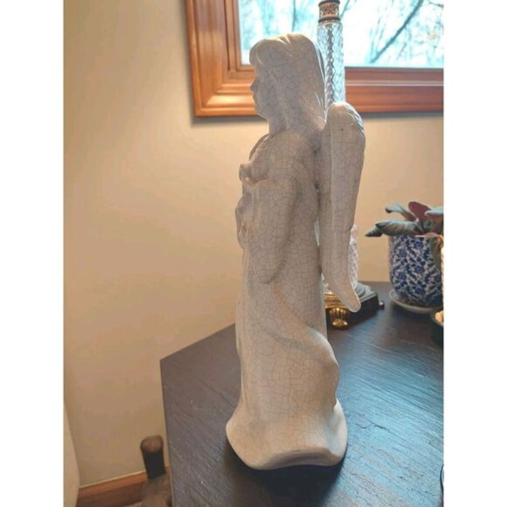 Large Crackle Glaze Ceramic Angel Figurine With Harp And Wings In White - Picture 4 of 9